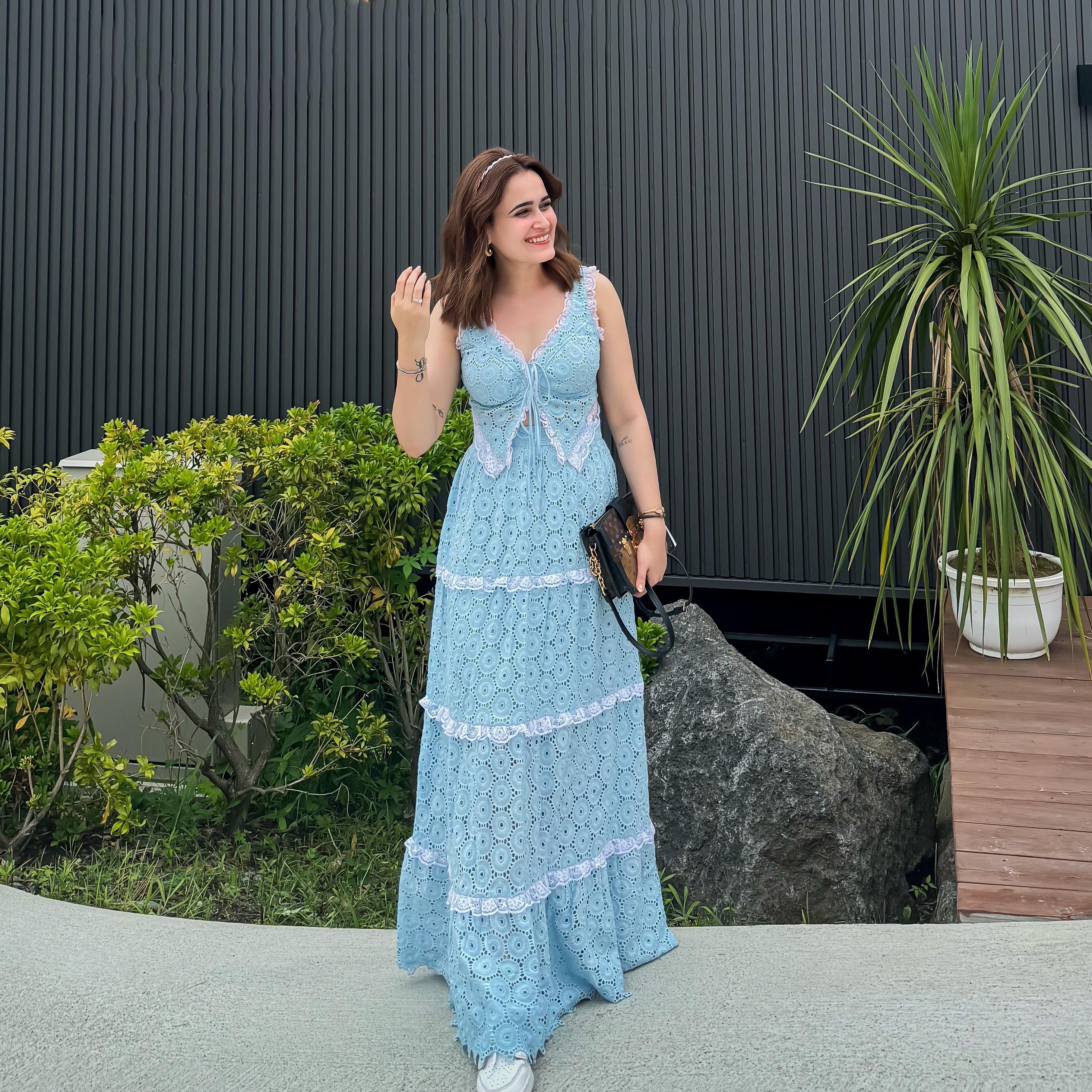 Shiro Lace Whisper Designer Blue Co-Ord Set For Women Online